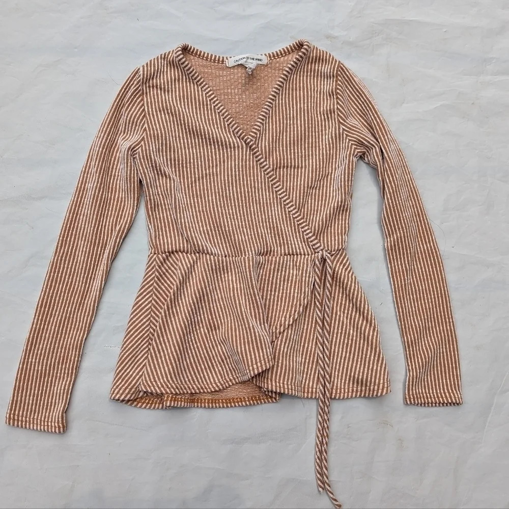 Caution to the Wind Striped Faux Long Sleeve Wrap Top - Woman XS